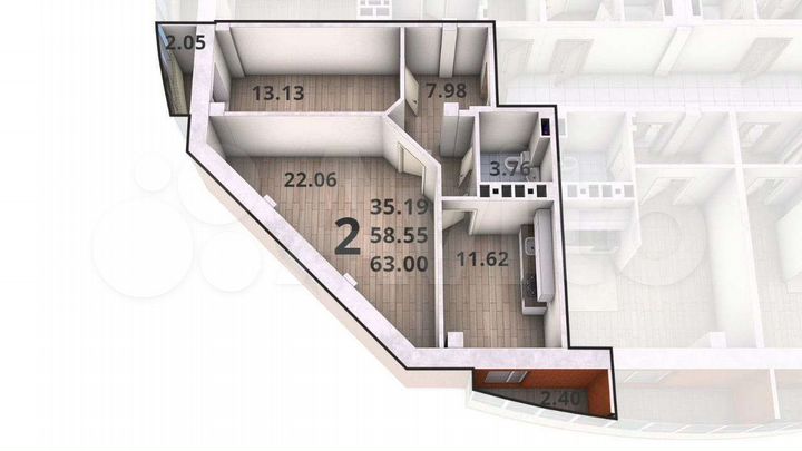 2-к. квартира, 63 м², 2/15 эт.