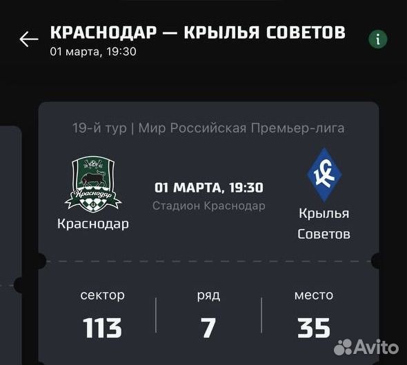 Билеты на матч Краснодар-Крылья Советов 113 сектор
