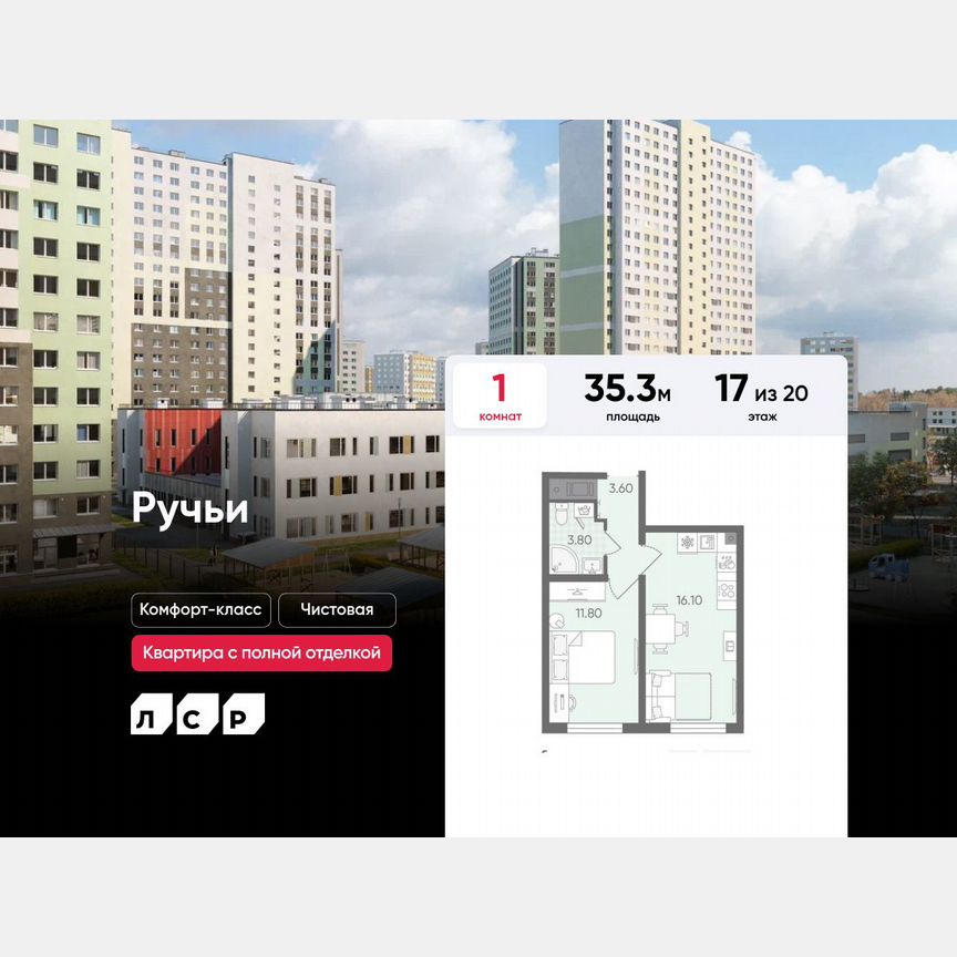 1-к. квартира, 35,3 м², 17/20 эт.