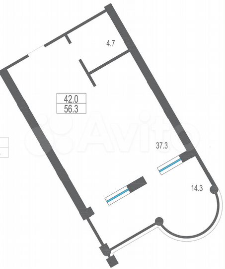 1-к. апартаменты, 56,3 м², 3/8 эт.