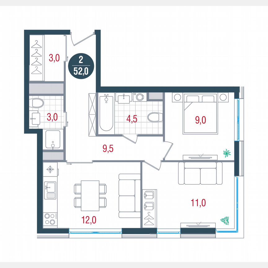 2-к. квартира, 52 м², 4/32 эт.