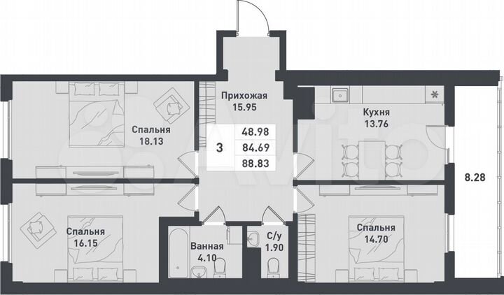 3-к. квартира, 90,5 м², 10/12 эт.