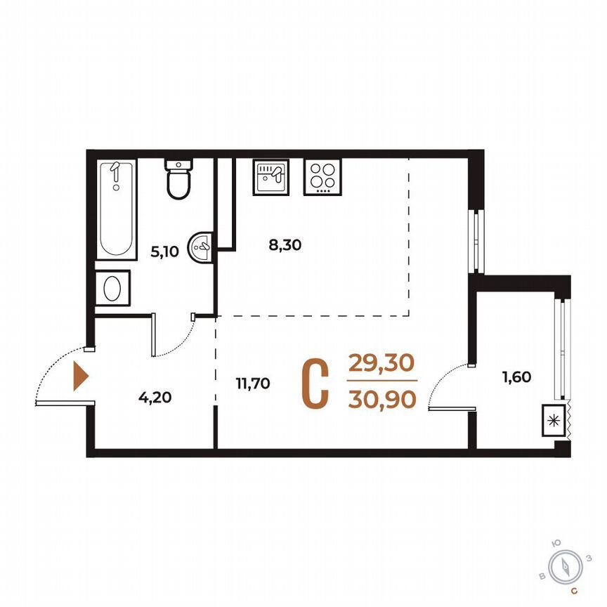 Квартира-студия, 30,9 м², 4/8 эт.