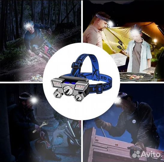 Фонарик налобный 5 лампочек перезаряжаемый
