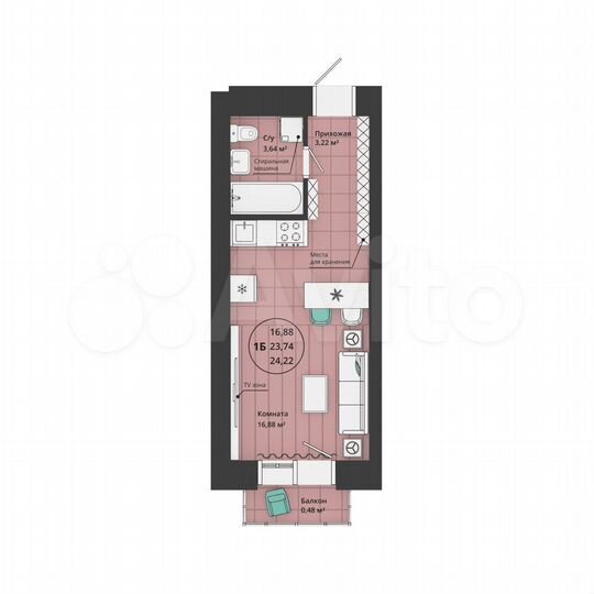 Квартира-студия, 24,2 м², 17/20 эт.