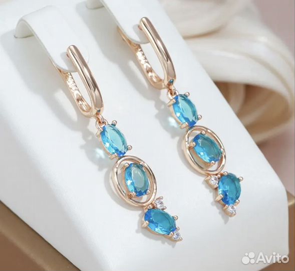 Длинные серьги с голубыми цирконами золото 585 RG