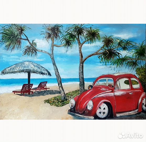 Картина маслом Морской пейзаж, красный автомобиль