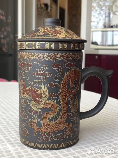 Кружка чайная заварочная из глины с росписью