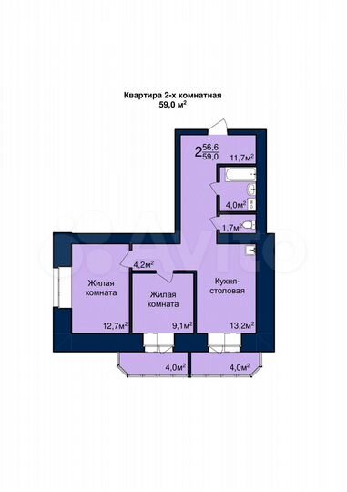 2-к. квартира, 59 м², 1/10 эт.