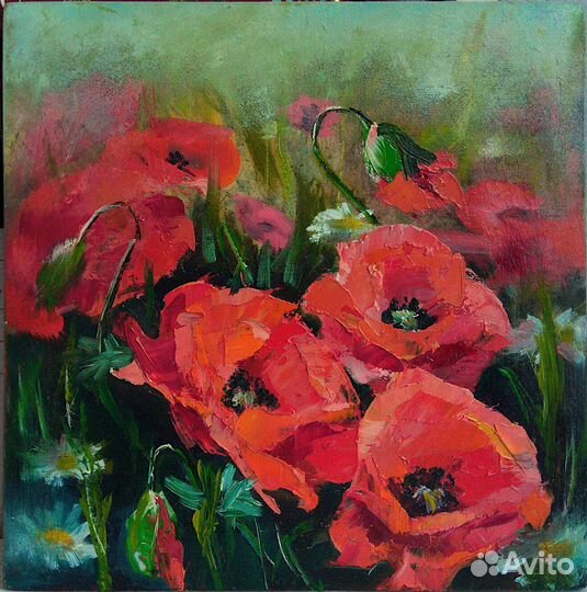 Картина. Живопись, масло. Маки. Цветы