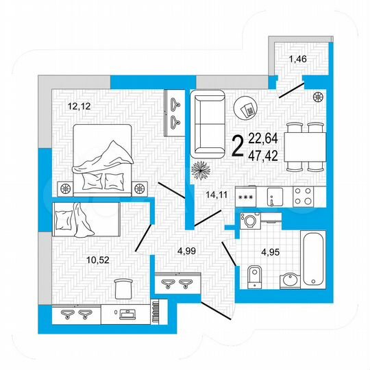 2-к. квартира, 47,4 м², 11/26 эт.