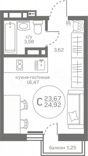 Квартира-студия, 23,7 м², 11/17 эт.
