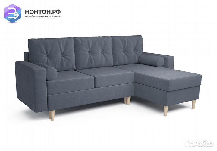 Угловой диван тик-так Белфаст велюр серо-синий