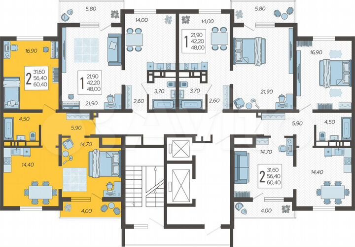 2-к. квартира, 60,4 м², 14/16 эт.