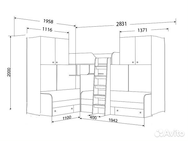 Кровать Трио с антресолями Дуб Молочный/Розовый