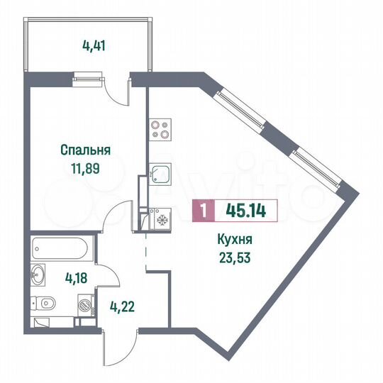 1-к. квартира, 45,1 м², 12/16 эт.