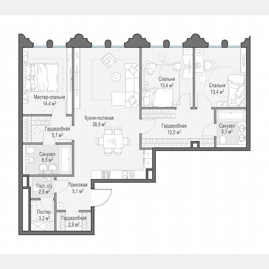 3-к. квартира, 123,3 м², 5/13 эт.