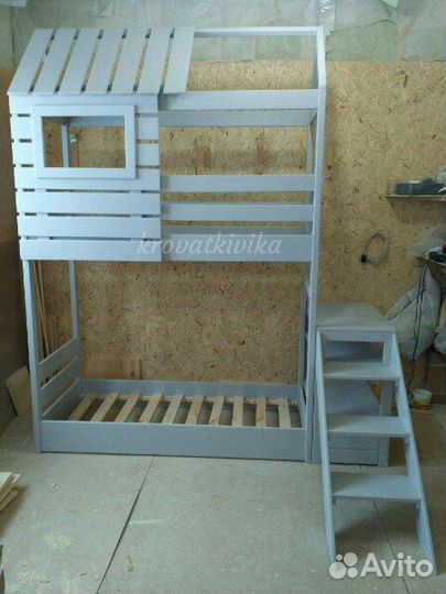 Детская двухъярусная Эко кровать домик из дерева