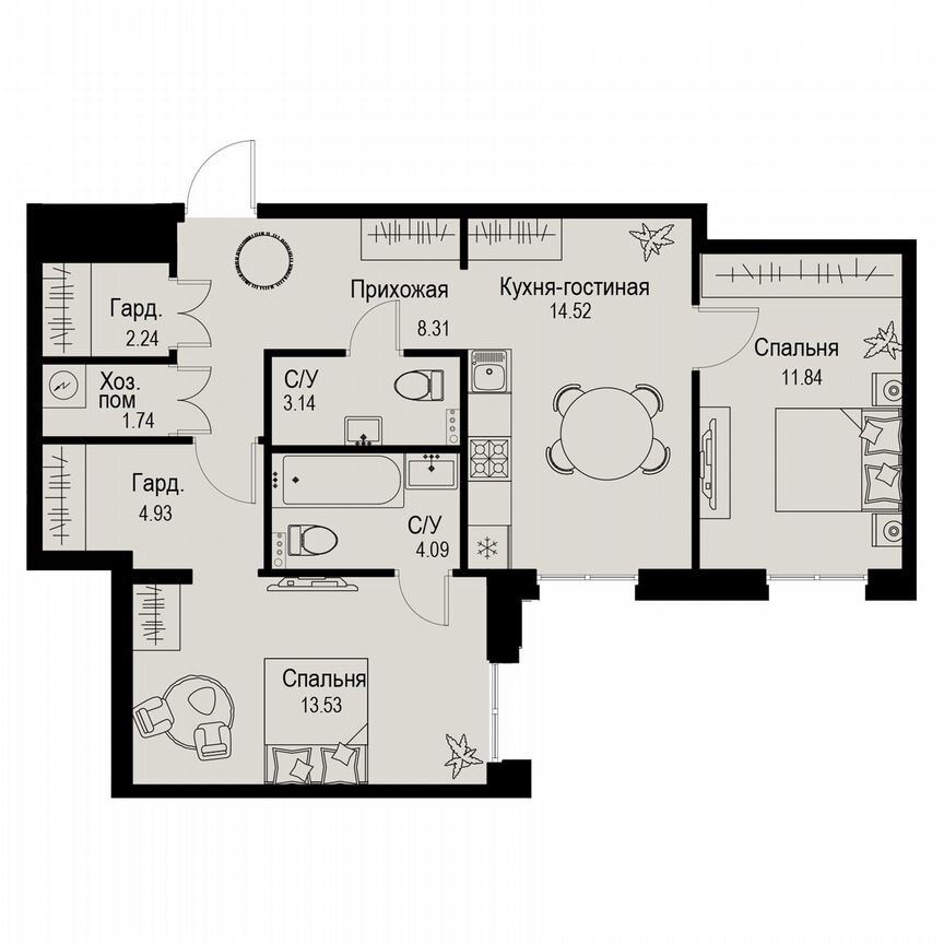 2-к. квартира, 64,3 м², 2/6 эт.