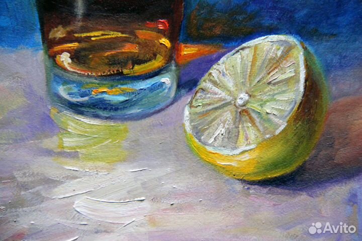 Картина маслом Натюрморт с виски и лимоном
