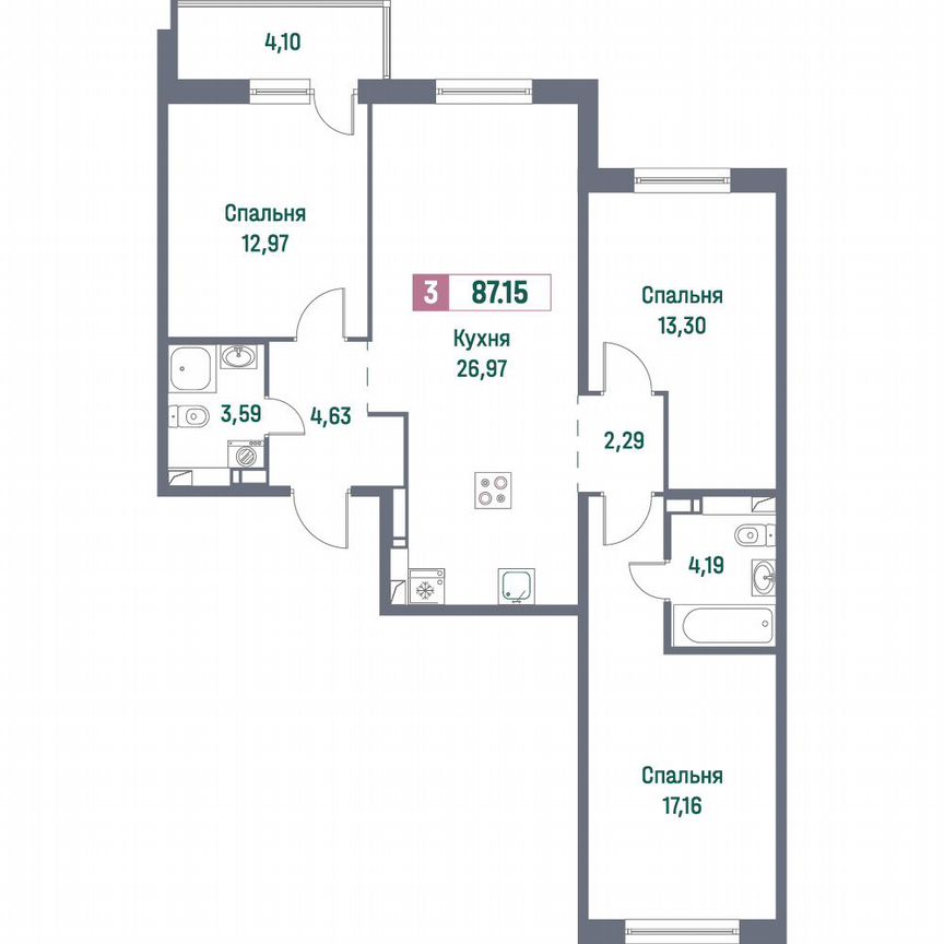 3-к. квартира, 87,2 м², 12/16 эт.