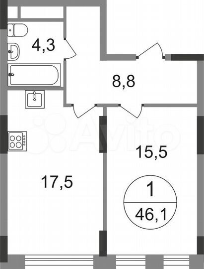 1-к. квартира, 46,1 м², 15/17 эт.