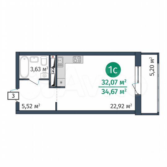 1-к. квартира, 32,1 м², 20/25 эт.