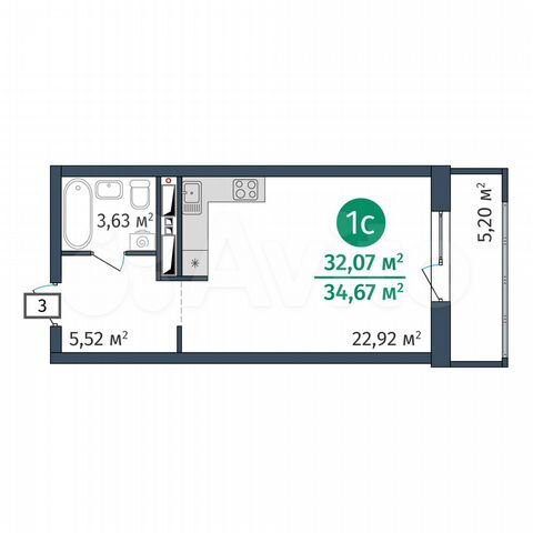 1-к. квартира, 32,1 м², 20/25 эт.