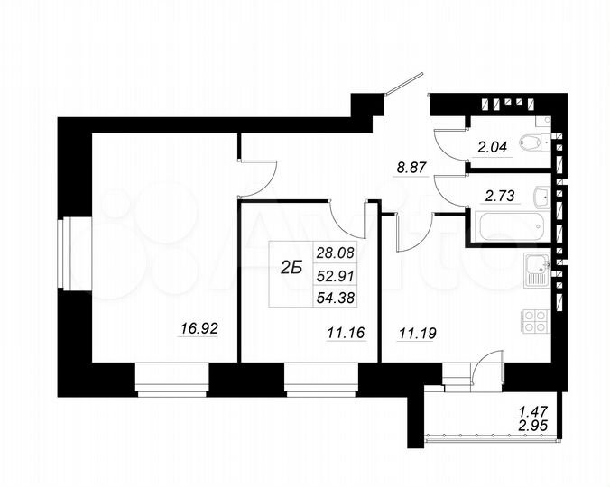 2-к. квартира, 54,4 м², 8/10 эт.
