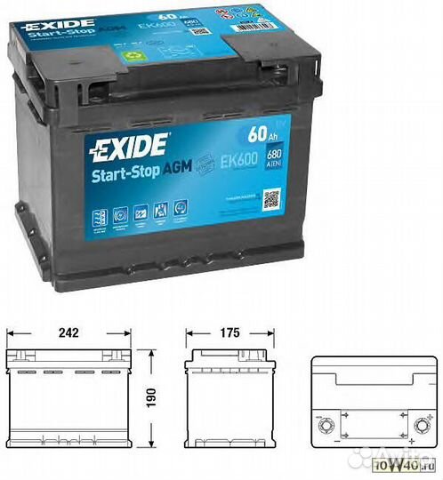 Аккумулятор exide 60 a/ч start-stop AGM