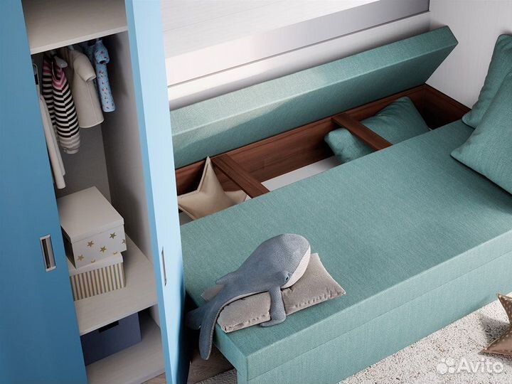 Кровать sofa, Белый текстурный + Голубая лазурь +