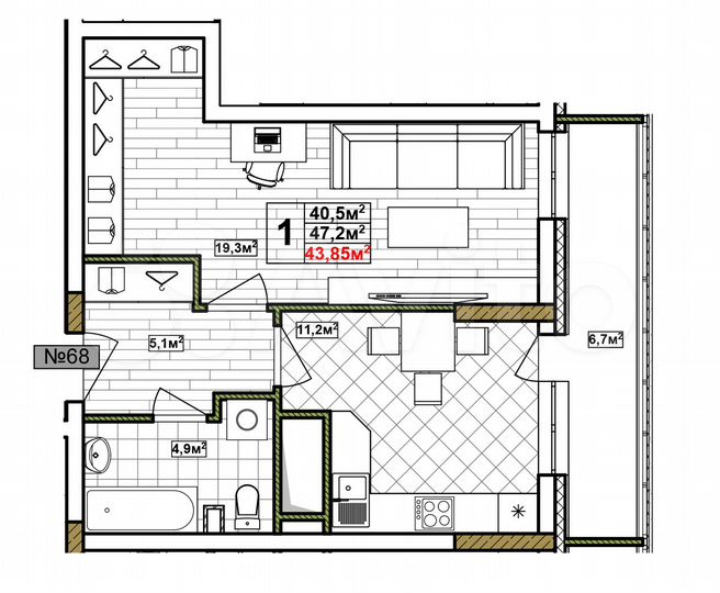 1-к. квартира, 43,9 м², 17/17 эт.