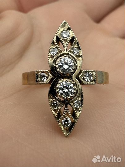Кольцо жёлтое золото 750 СССР бриллианты 0.5 ct