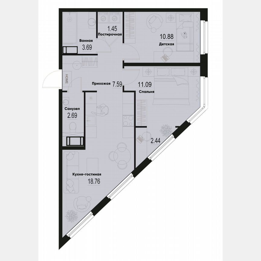 2-к. квартира, 58,6 м², 3/12 эт.