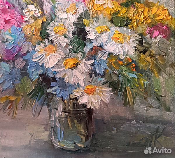 Картина ромашки букет полевые цветы маслом холст