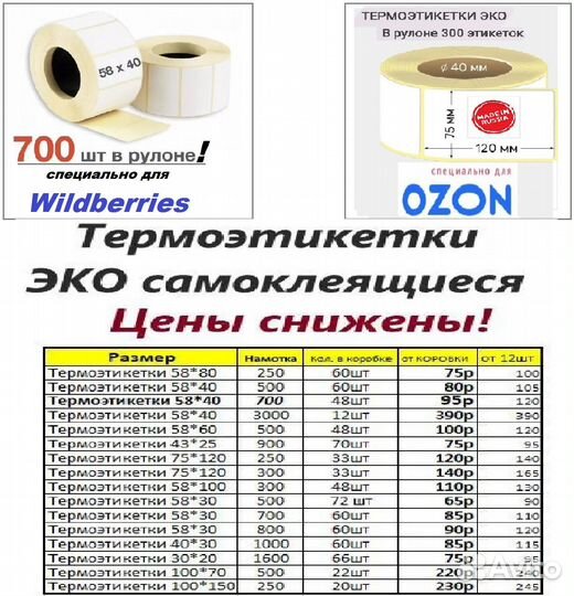 Термоэтикетки 58х40 /700 намотка * и другие/Эко