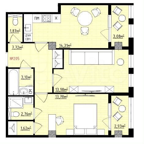 2-к. квартира, 65,2 м², 5/16 эт.