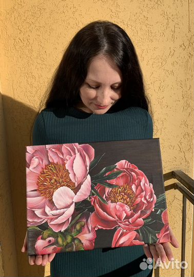 Картина акрилом на холсте цветы «Пионы»