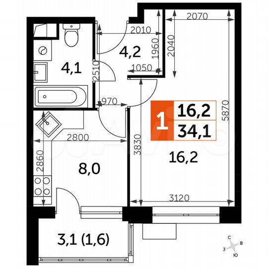 1-к. квартира, 34,1 м², 2/9 эт.