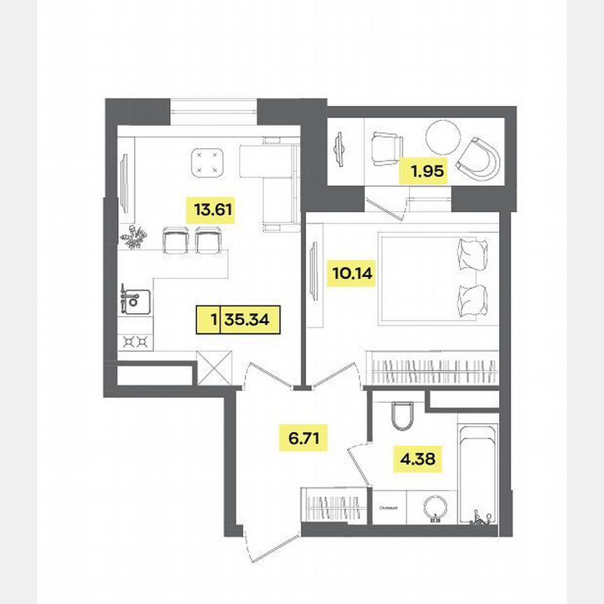 1-к. квартира, 35,3 м², 4/9 эт.