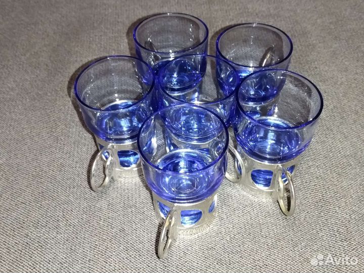 Рюмки в подрюмниках синие СССР. 6 штук