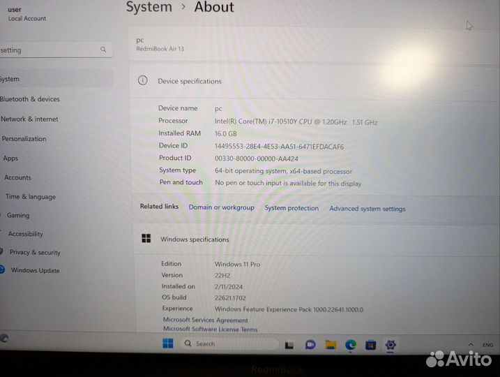 Ноутбук Xiaomi Redmibook Air 13 I7-10510Y