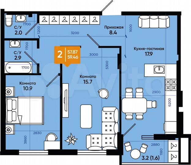 2-к. квартира, 59,5 м², 2/9 эт.