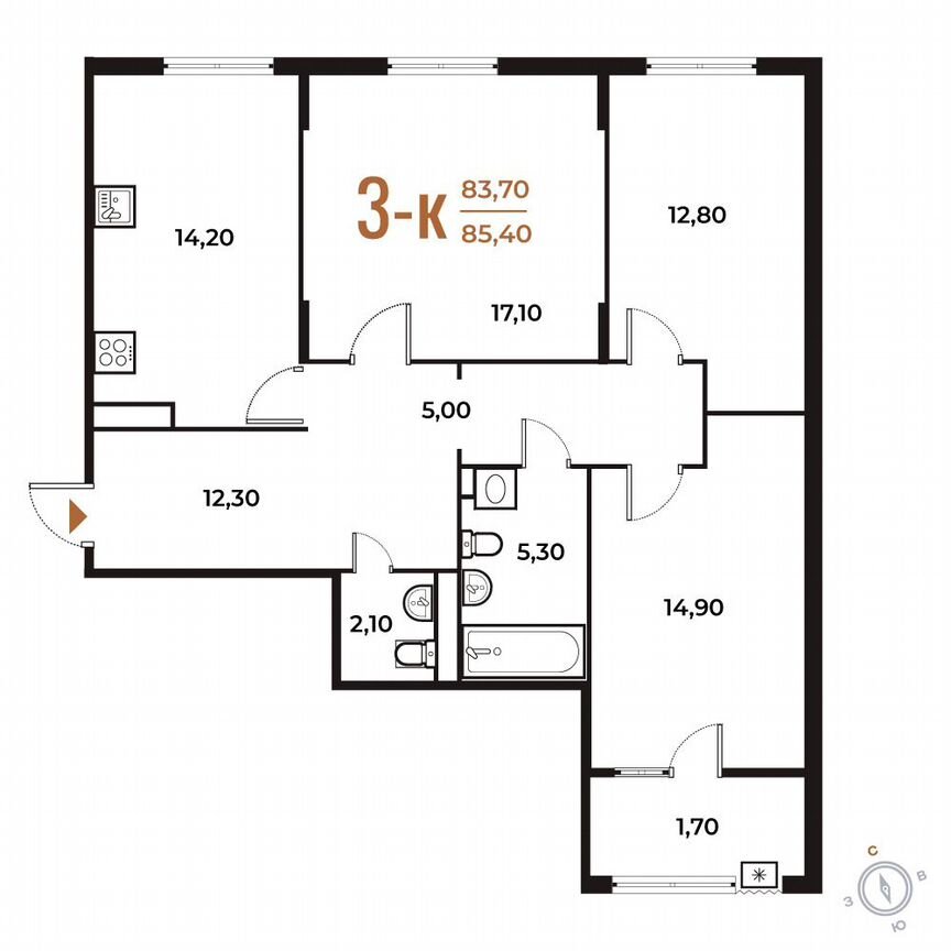 3-к. квартира, 85,4 м², 6/8 эт.