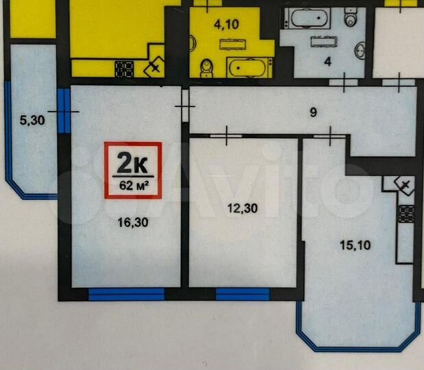 2-к. квартира, 62 м², 4/16 эт.