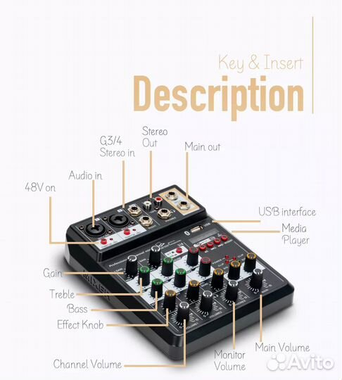 Микшерный пульт hisingwellfx402i, 4 канала, 48 В