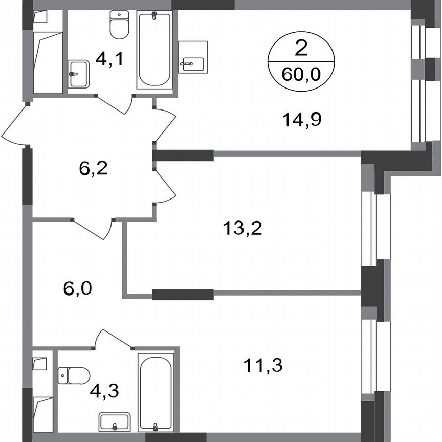 2-к. квартира, 60 м², 9/20 эт.
