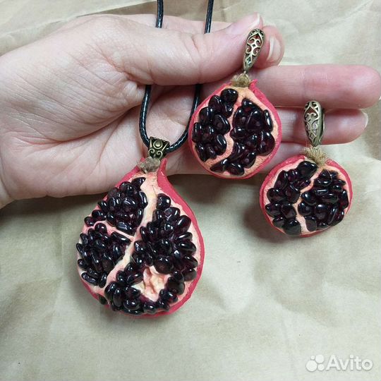 Серьги+подвес,гранат натуральный