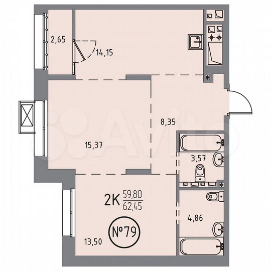 2-к. квартира, 62,5 м², 7/10 эт.