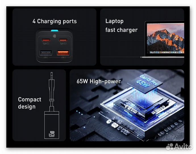 Зарядка Baseus GaN3 Pro Desktop 2C+2U 65W